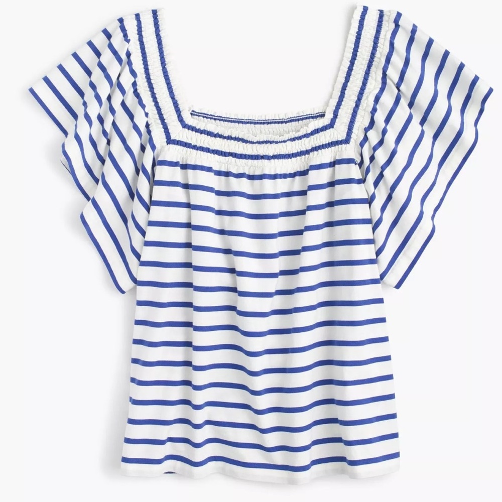 J.Crew Smocked Square Neck Top-White & Blue Stripe
